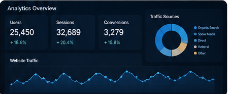 Digital marketing analytics dashboard showing website traffic and conversions
