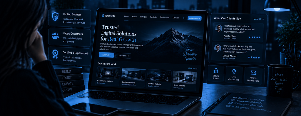 Website building trust with reviews and portfolio